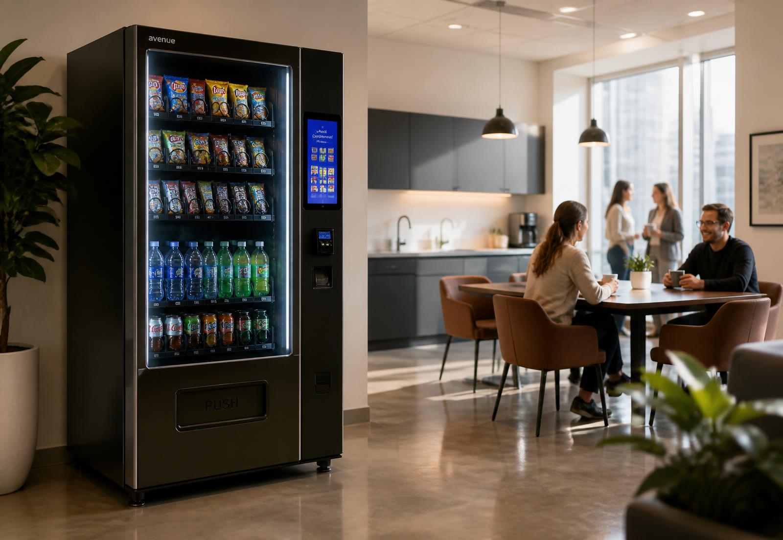 Modern combination snack and drink vending machine in a bright professional breakroom